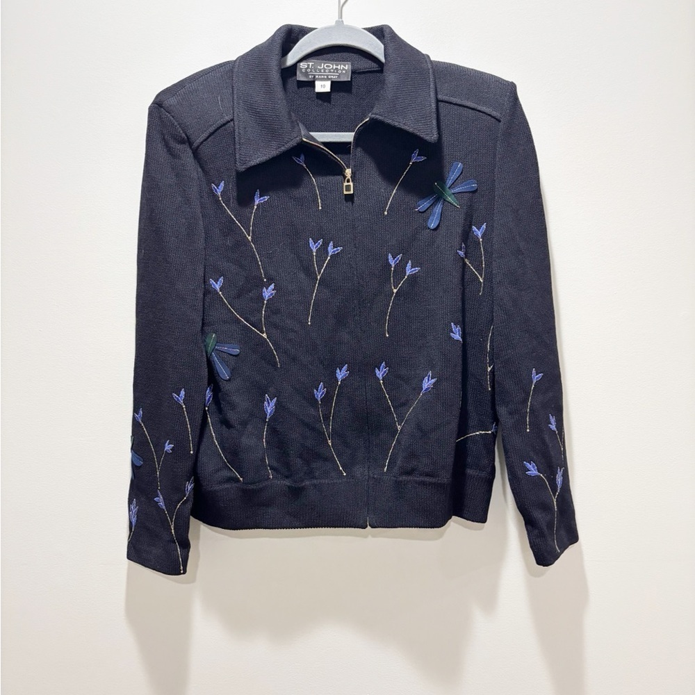 ST JOHN Women’s Santana Knit Dragonfly Embroidered Sweater Jacket Size 10